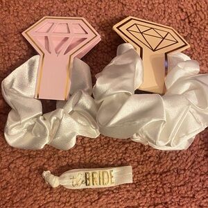 White Satin Scrunchie Set with Gold 'Bride' Hair Tie